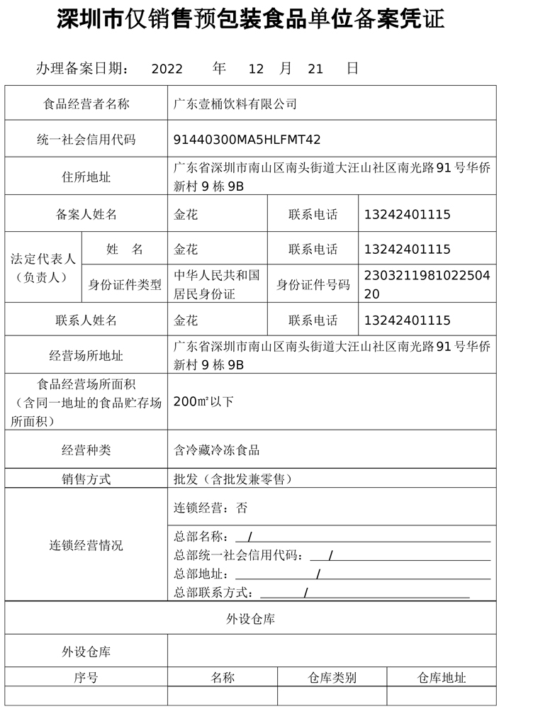 深圳市仅销售预包装食品备案凭证
