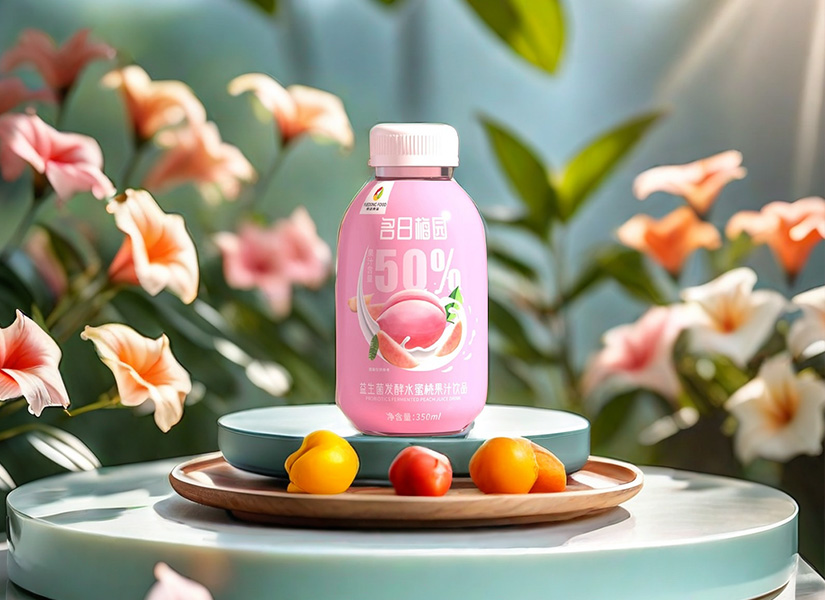 梅园益生菌发酵水蜜桃果汁饮品，一口清甜，满溢健康